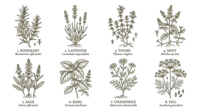 Botanical illustrations of common herbs used for cooking.
