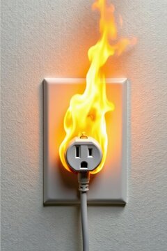 Electrical Outlet Fire Hazard A Cautionary Image Depicting a Burning Electrical Plug in a Wall Socket, Underscoring the Importance of Electrical Safety