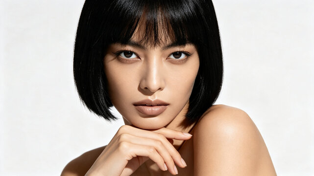A stunning close-up portrait of a woman with a sleek black bob and bangs, featuring soft neutral makeup and a graceful pose against a white backdrop.