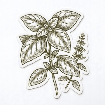 Vintage Hand-Drawn Basil Plant Sticker with Leaves and Flower Spike