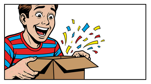 Excited Boy Opens Surprise Gift Box with Confetti Bursting Out