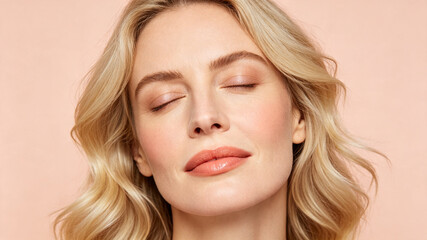 Naklejka premium Close-up portrait of a woman with blonde hair and glowing skin, eyes closed in a peaceful expression against a soft peach background.