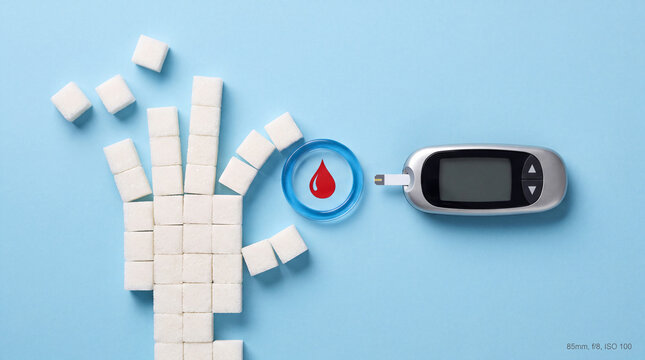 Conceptual image showing sugar cubes shaped like a hand reaching for a blood glucose monitor with a red blood drop icon on a light blue background.