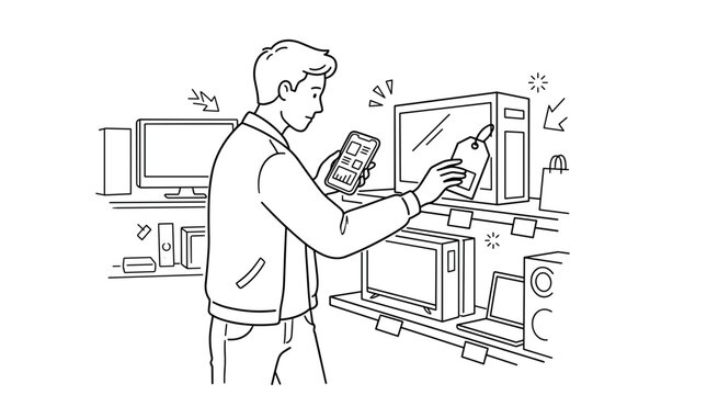 Man Shopping for Electronics in a Store Holding a Smartphone and Price Tag