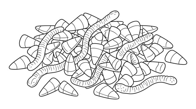Pile of Candy Corn and Gummy Worms Illustration
