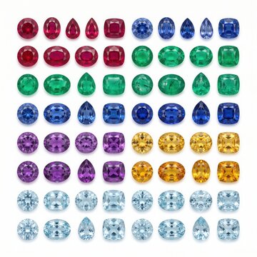 Luxurious sparkling faceted gemstones in various cuts and rainbow colors on a bright white background for jewelry design and gemology education.