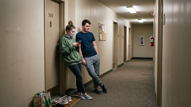 Young couple leaning on apartment door in hallway looking at phone with groceries nearby