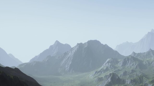 A vast mountain landscape shows multiple peaks and valleys under a clear sky. The scene is natural and captures the rugged terrain with a simple view of nature.