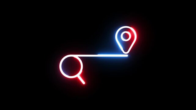 Neon location map route pin icon glowing red and blue animation on dark black background 4k