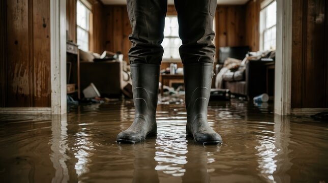 A man standing in murky flood water inside a house wearing protective rubber boots.