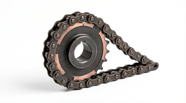 Industrial chain sprocket with toothed wheel and linked roller chain forming a compact transmission assembly, isolated on white.