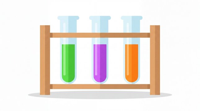 Science chemistry test tubes rack with colorful liquids, laboratory experiment research flat vector graphic illustration on clean white background with glossy glass highlights
