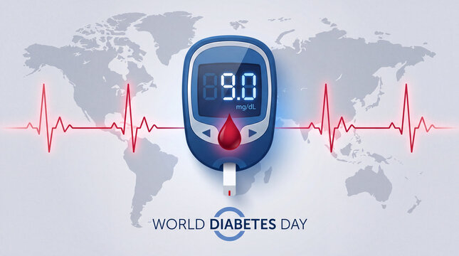 A conceptual graphic for World Diabetes Day featuring a blood glucose meter, a blood drop, and a red heartbeat line over a global map background.