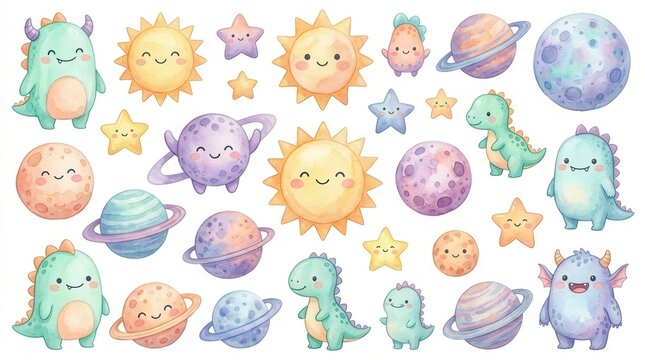 Set of cute watercolor monsters and cosmic planets for children art style design.