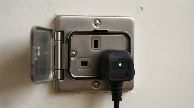 Electrical wall socket with waterproof metal cover and fused power plug for outdoor appliance connection.