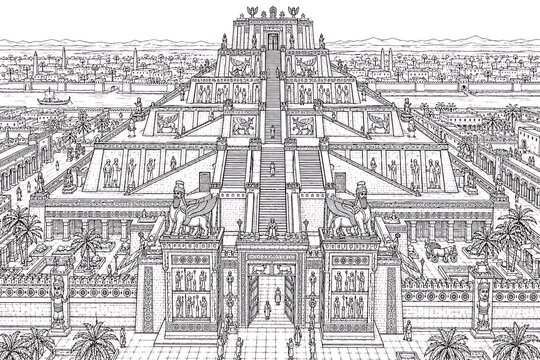 Mesopotamian ziggurat, ziggurat cityscape, ancient Mesopotamia, Mesopotamian city, ancient cityscape, ziggurat temple, stepped temple, ancient architecture, Babylonian architecture, Sumerian civilizat