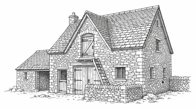 Vintage stone house illustration with textured roof and wooden doors