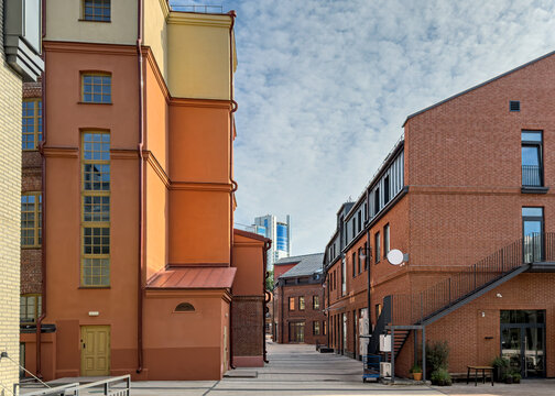 renovated old factory buildings in urban industrial area.