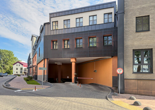 entrance to an underground parking in the old area of renovated industrial buildings.