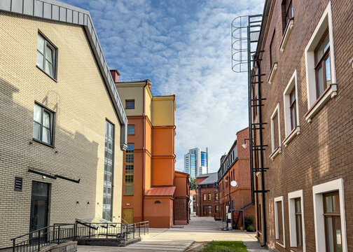 old brick commercial buildings in downtown after renovation works.
