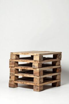 A stack of weathered wooden shipping pallets against a bright white backdrop.