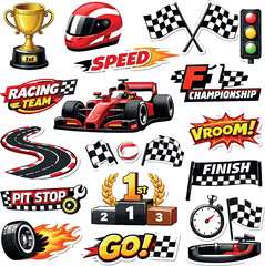 Fototapeta premium Racing team red speed championship pit stop trophy with finish flag and track.