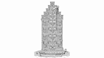 Obraz premium Historic Dutch canal house warehouse illustration with boat line art