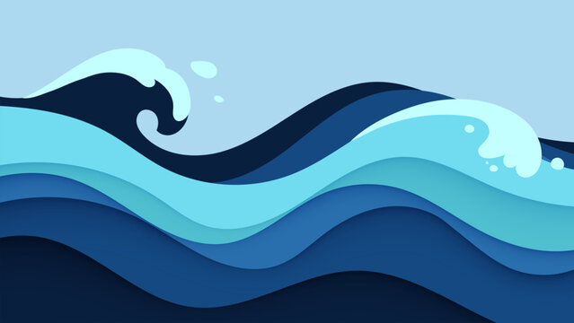 Minimalist Layered Ocean Waves Background in Blue Papercut Style