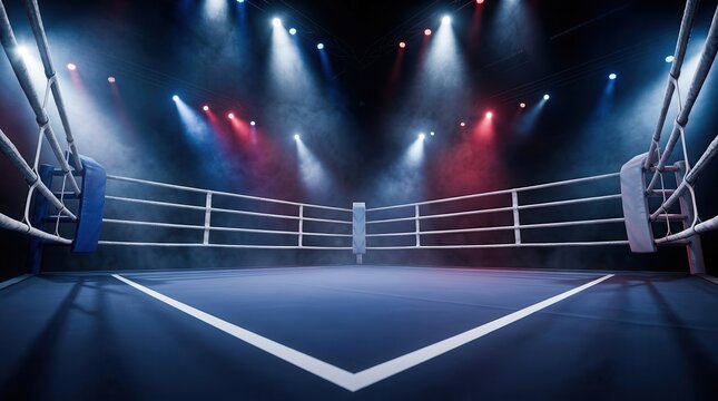 Dramatic spotlight illumination on an empty professional boxing ring in a dark stadium setting.