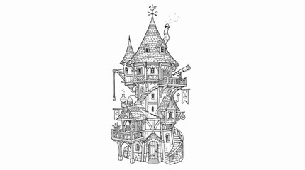 Naklejka premium Whimsical wizard tower fantasy house line art illustration for coloring