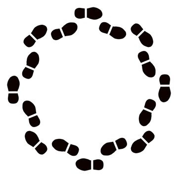 Human footprint round frame. Shoeprint circle border. Sole circle decorative background. Human footprint silhouette circle border