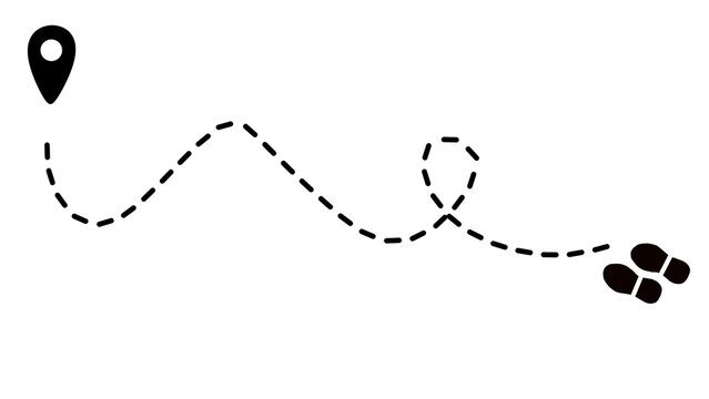 Human footprints on a dashed line path to a final waypoint pin. Winding path marked by dotted lines and stylized footprints. Concept of a journey, route or tracking movement to a final destination.