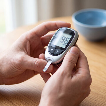 A person holds a digital glucometer displaying a blood glucose level of 96 mg/dL, showing effective management of diabetes at home on a wooden table.