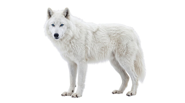 Majestic Arctic wolf with white fur, wild polar wolf standing in side view, powerful tundra predator with blue eyes isolated PNG with Transparent Background