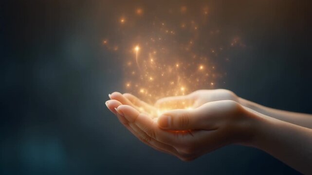 Anonymous Hands Cupped with Glowing Light Particles Rising Up, Magical Inspiration and Hope Concept, Full HD Background