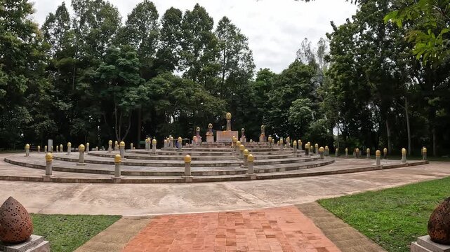 Footage of the navel city pillar of Chiang Rai. The 108 surrounding pillars symbolic to Mount Meru the sacred five-peaked mountain of Hindu mythology. 