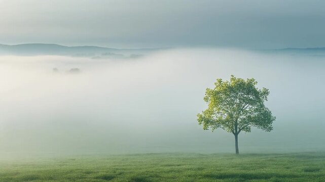 Solitary Young Tree with Fresh Green Leaves Standing in Open Misty Meadow at Dawn, Serene Minimalist Nature Landscape Full HD