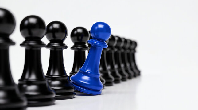 Close up of a blue pawn, a chess pawn among black pawns and other chess pieces in a row, standing out against a white background.