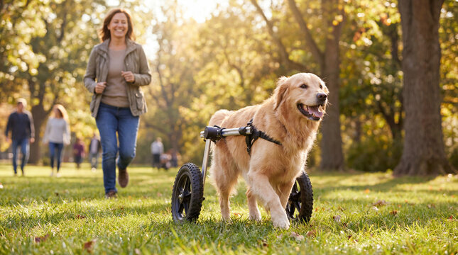 Happy Golden Retriever Running in Wheelchair Cart in Park