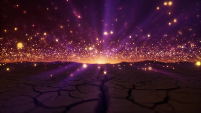 Abstract Fantasy Scene of Glowing Golden Particles Floating Above Cracked Desert Ground During a Purple Dawn
