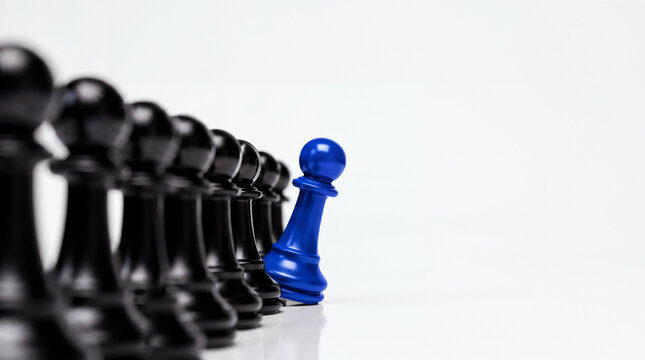 A glossy blue pawn standing out beside a row of black pawns, with chess pieces in selective focus and reflection on a white background.