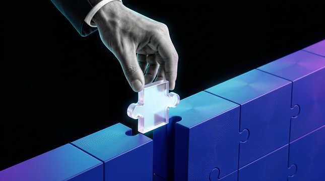 A hand with fingers extending from a suit sleeve is placing a glowing translucent puzzle piece into blue blocks of a jigsaw puzzle, filling a missing piece against a black background.