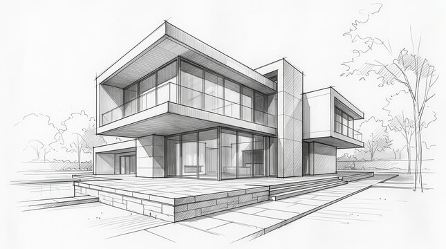 Architectural sketch featuring a contemporary home facade and technical drawn background.