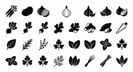 Obraz premium Black and White Flat Pictogram Root Vegetable and Culinary Herb Icon Set Vector for Kitchen Cooking
