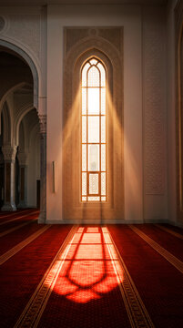 Sunlight Streaming Through Mosque Window Arch onto Red Islamic Prayer Carpet