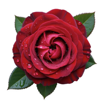 Beautiful red rose with green leaves in detailed illustration style isolated on transparent background