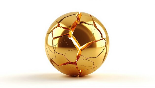 Cracked golden sphere with glowing fissures revealing inner gold on a white surface broken ball fissured sphere gold cracks damaged sphere 3D sphere fracture reflection minimalist
