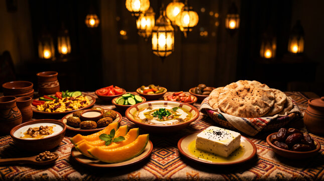 Traditional Egyptian Ramadan Suhoor Food Feast on Wooden Table with Lanterns