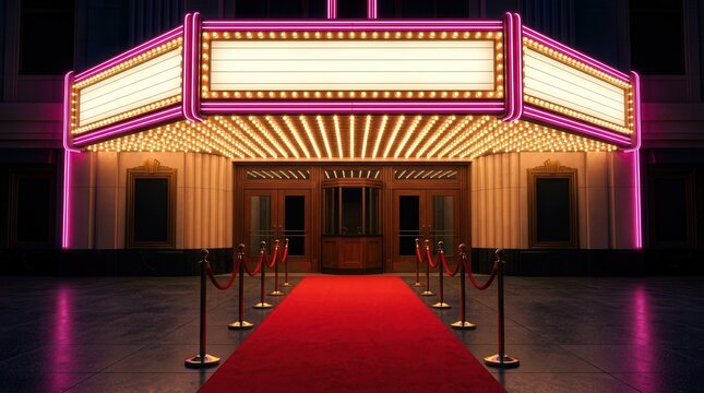 An unforgettable cinematic experience awaits at this glamorous theatre entrance with red carpet.