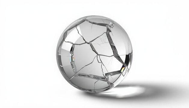 Close up view of transparent crystal sphere featuring detailed internal cracks against white background glass ball cracked sphere broken glass transparent orb fractured crystal isolated sphere